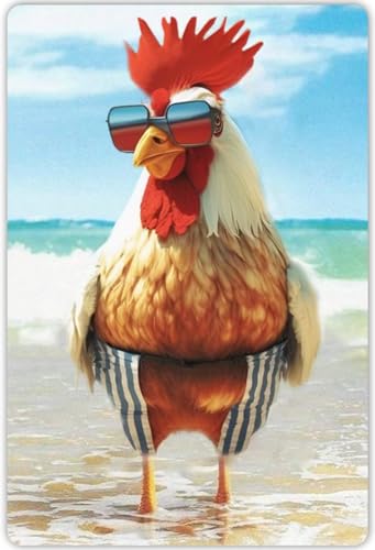 Cool Rooster Funny Chicken Targa in metallo Pollo con occhiali da sole in riva al mare Tutti i poster artistici Targa retrò Home Farm Cucina Camera da letto Bar Decorazione da parete 8x12 pollici