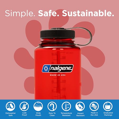 Image of Nalgene Wide Mouth Water Bottle | BPA-Free, Durable & Leak Proof, Lightweight Bottle for Hiking & Gym, Work & Travel, Red, 32 Ounces (Pack of 6)