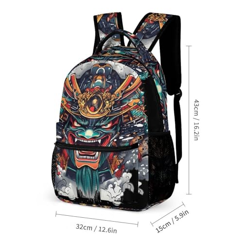 Oni Mask Japanese Armor Printed Backpack with Lunch Box Bag Pencil Case Pouch 3pcs Daypack Set for Women Men2