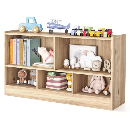 Image of HOMGX Wooden Montessori Shelf for Kids, 5-Section Storage Cabinet, 2-Tier Open Kids Bookshelf, Toy Storage Organizer for Playroom, Classroom, Natural