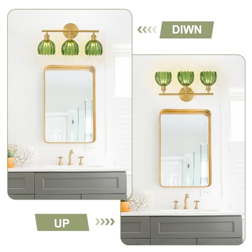 Image of Gold Bathroom Light Fixtures Over Mirror, 3 Light Bathroom Vanity Light with Tulip Green Glass Lampshade, Vintage Vanity Lights for Bathroom, Bathroom Vanity Lights Over Mirror