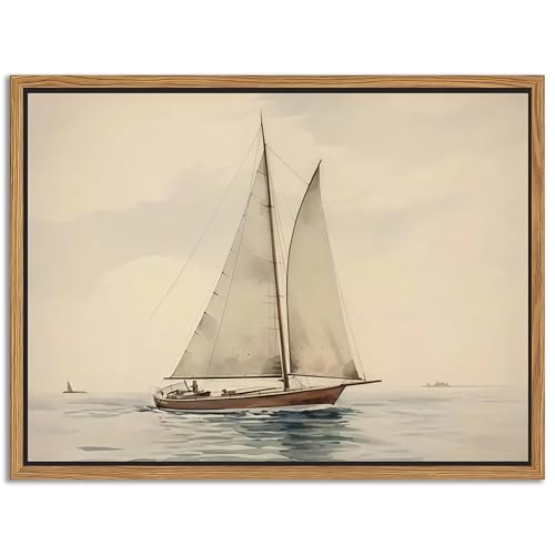 Floating Framed Canvas Wall Art, Vintage Sailboat Ocean Picture Wall Decor, White Sailboat Seascape Poster Print Painting for Living Room Bedroom Bathroom Office Home Decor 12x16 inch