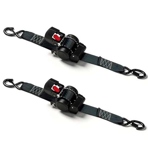 JUST-V 2in × 10ft Black Retractable Ratchet Tie-Down Straps 4409 Lbs Heavy Duty Self-Retracting Ratchet Straps Secure Tie Downs for ATVs, Machinery & Equipment, 2 Pack by Just-V - Used condition - US$47.49