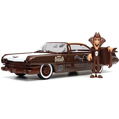 1959 Cadilla-C Coupe Deville Brown & White W/ Graphics & Count Chocula Diecast Figurine Hollywood Rides Series 1/24 Diecast Model Car By Jada 32204