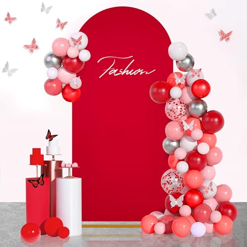 Image of SoarDream Red Arch Backdrop Cover 6.6FT Spandex Fitted Red Wedding Arch Covers Round Top Chiara Arches Backdrop Cover Fabric for Birthday Balloon Wedding Party Decoration