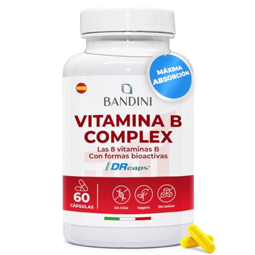 Bandini® Vitamina B Complex | Complejo B con B1, B2, B3, B5, B6, B7, B9, Betaína, Colina, Inositol | 60 Cápsulas DR CAPS | Aumenta el nivel de energía y mejora la concentración y la memoria