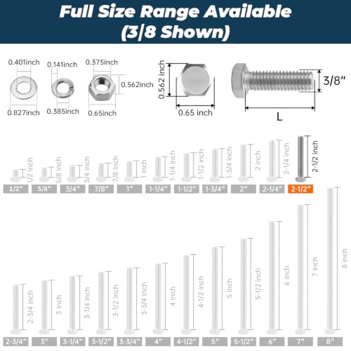Image of 6 Sets Glvaner 3 /8-16 x 2-1 /2 inch Stainless Steel Hex Head Screws Bolts, Nuts, Flat & Lock Washers, 18-8 (304) Stainless Steel, Full Thread, Coarse Thread