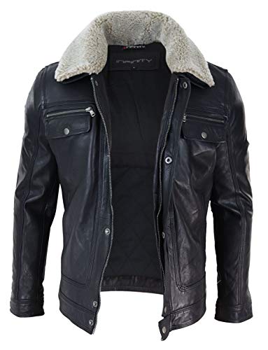 Mens Black brown Real Leather Jacket Sheepskin Collar Short Zip Button2