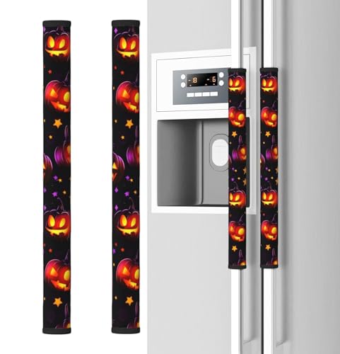 Image of Halloween Refrigerator Door Handle Covers Set of 2, Glowing Pumpkin Gifts for Women, Neoprene Fridge Door Handle Covers Protector for Fridge Dishwasher Appliance Halloween Decorations Indoor Kitchen