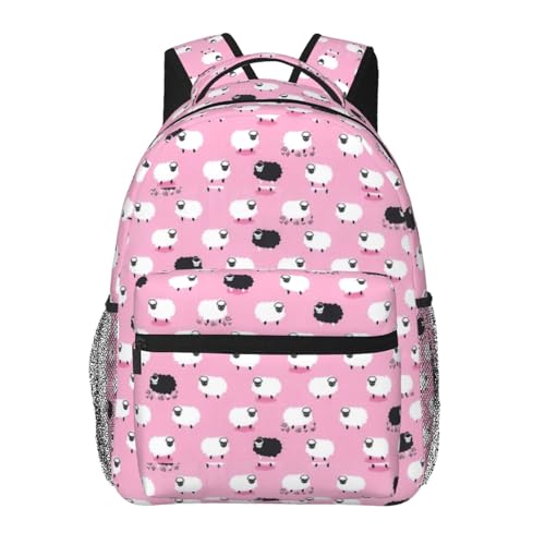 Mochila unisex con estampado de ovejas blancas y fondo rosa de alta resistencia