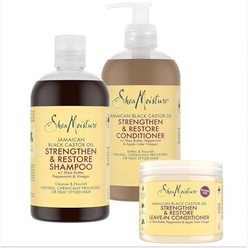 SheaMoisture Jamaican Black Castor Oil Haarpflege-Bundle Shampoo 1x 384ml, Spülung 1x 384ml, Leave-In Conditioner 1x 431ml für natürliches, chemisch behandeltes oder hitzegestyltes Haar - 3 Stück