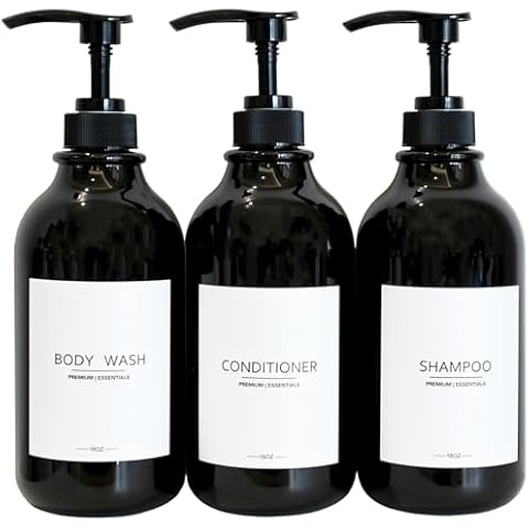Gails Willing Refillable Shampoo Bottles for Shampoo, Lotion, Oil, Shower Soap, Hand Soap, Dish Soap, Plastic Black, Apothecary Dispenser Pump, Set of 3, 750ml/25oz (3, Black) Cover