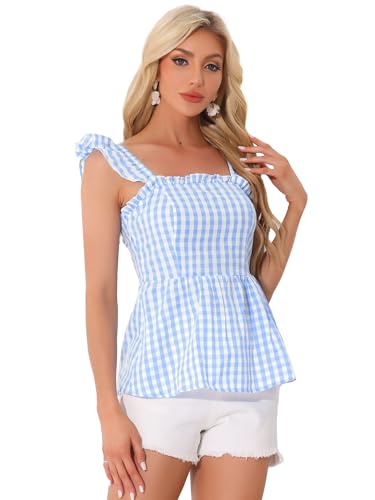 Allegra K Gingham Peplum Top for Women Halloween Summer Square Neck Sleeveless Plaid Blouse