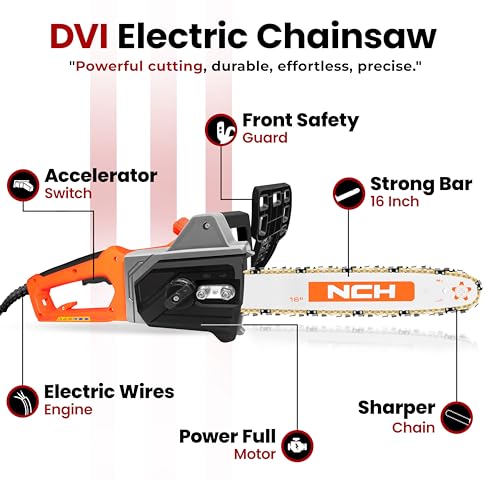Image of DVI Electric Chainsaw With 16-Inch Guide Bar With 2300 W High Power Motor With Low-Kickback System | Perfect For Cutting Wood, Pruning and Harvesting Firewood | With Free 32 Feet Wire