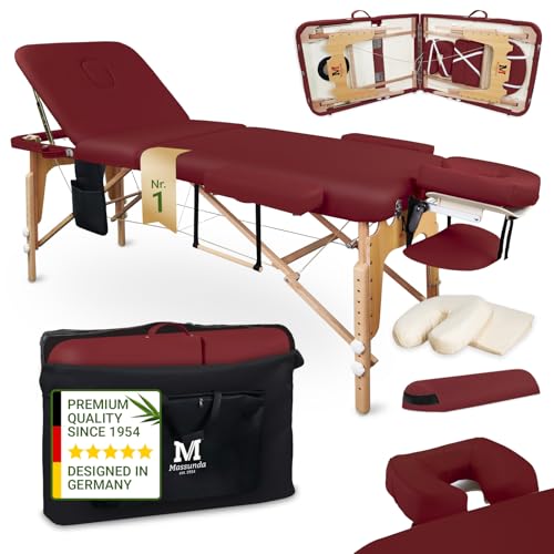 MASSUNDA Mobile Massageliege aus Vollholz – klappbarer 3-Zonen Massagetisch inkl. Zubehör – ideal für Massage, Kosmetik & Tattoo - Burgunder-Rot MASSUNDA Mobile Massageliege aus Vollholz – klappbarer 3-Zonen Massagetisch inkl. Zubehör – ideal für Massage, Kosmetik & Tattoo - Burgunder-Rot