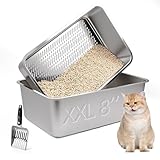 Bartuke Bac à litière XXL en acier inoxydable pour chat - Semi-fermée - Avec bac à tamis - Pelle pour grands chats - Nettoyage facile