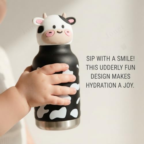 Image of JOUET Kids Stainless Steel Water Bottle 280ml with Cute Cow Character Lid, Black & White Leakproof Drinking Bottle for School, Travel & Daily Use
