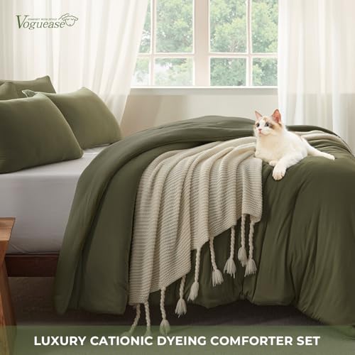 Image of Full Size Comforter Set, Comforters Full Size Luxury Ultra-Soft Jersey Knit Bedding Sets, Olive Green Lightweight Down Alternative Bed Comforter for All Season, 3 Piece Bedding Set