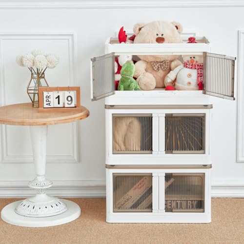 BTGGG 3 Pack Storage Boxes with Lids 55L*3 Plastic Foldable Storage Boxes with Wheels, Stackable Collapsible Lockable Cube Crate Bins for Home Organization Camping