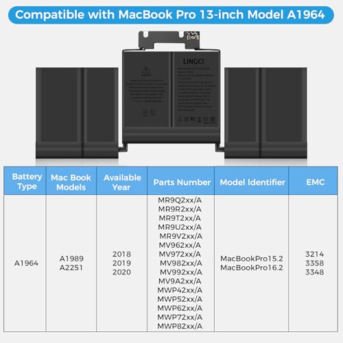 Image of A1989 Battery,A1964 A2251 Battery Replacement for MacBook Pro 13 Inch A1989 (Mid 2018, 2019) A2251 (2020) (Upgraded High Performance 11.41V 58Wh 5086mAh)