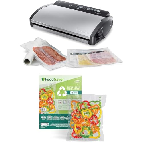 FoodSaver Machine Sous Vide, avec compartiment de rangement pour rouleau et cutter et 3 vitesses d'aspiration, inclut sacs de mise sous vide assortis+d’Emballage sous Vide, Sacs recyclables