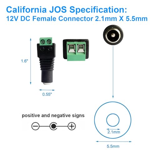 California JOS (5 Male + 5 Female) 12 V 2.1x5.5mm DC Power Jack Plug Adapter Barrel Connector for CCTV Security Camera LED Strip