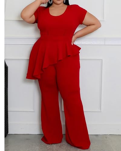 CXXQ Women's Plus Size 2 Piece Outfits Suit Set Short Sleeve Peplum Top Straight Pants Sets Business Pantsuits4