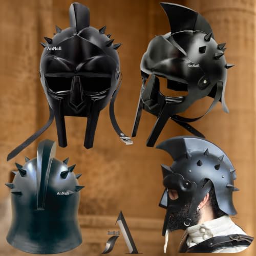 Image of AnNafi Maximus Gladiator Helmet Men Roman Headgear Blackened LEATHER LINER FITTED, Adult Medieval Costume, Larp Sca Party Clothing, Halloween Costumes