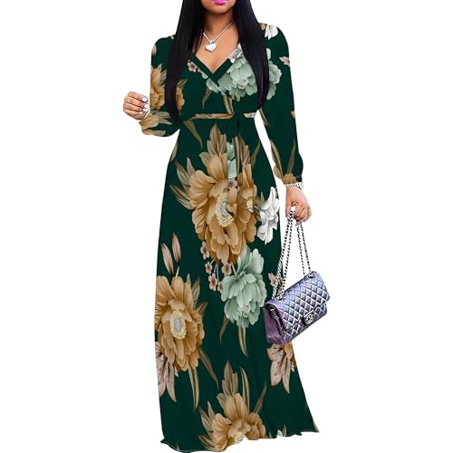 Image of Women Plus Size Long Sleeve V Neck Maxi Dress with Belt | Soft fabric relaxed fit three quarter sleeve v neck with pockets for party and daily wear