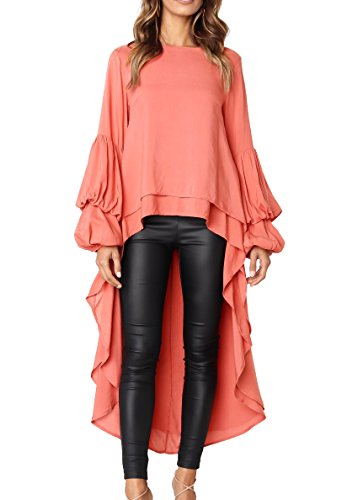 PRETTYGARDEN Women s Lantern Long Sleeve Round Neck High Low Asymmetrical Irregular Hem Casual Tops Blouse Shirt Dress (Orange, X-Large)