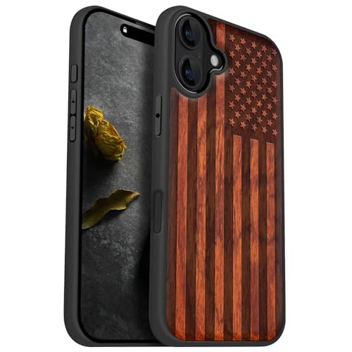 Image of Carveit Wood Case for iPhone 16 Plus, The Classic American Flag, Rosy | Magnetic iPhone 16 Plus Case Compatible with MagSafe Wireless Chargers, Engraved Wood with Soft TPU Shockproof Bumper