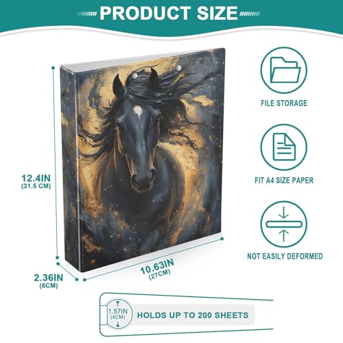 Image of 3 Ring Binder Horse Black Pattern a 1.5 inch Binders Three Ring Binders with Clipboard Fit 8.5'' x 11'' Paper 3 Interior PVC Clear Pockets for Office Supplies
