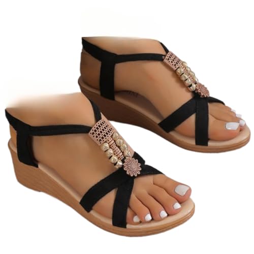 Women's Fashionable Casual Summer Sandals, Plus Size Strappy Boho Style Fashion Trendy Flat Wedge Sandals for Summer Beach Vacation Holiday, Casual Versatile Shoes for Women & Girls, Footwear (black,6)