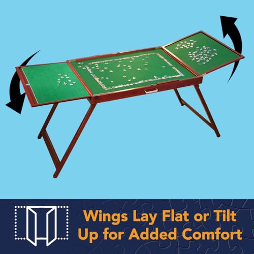 Bits and Pieces Fold-and-go Wooden Jigsaw Puzzle Table with Legs Folding Puzzle Board 1500 Pieces, Non-Slip Top, Carry Handle, 2 Felt Sorting Areas 66" x 25" Work Surface