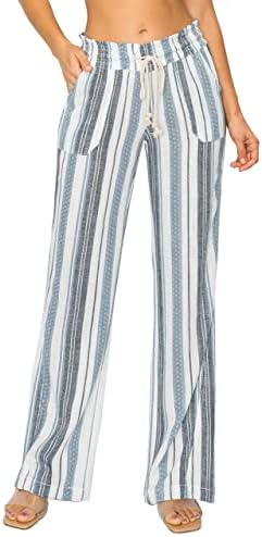 Cali1850 Women's Casual Linen Pants - 32" Inseam Oceanside Drawstring Smocked Waist Lounge Beach Trousers with Pockets 7024Z-LNN247 NAVIVRY S Navy Ivory
