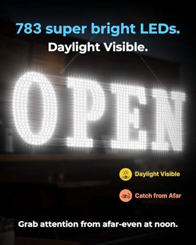 Image of Open Sign for Business, 40 inchx14 inch Jumbo Open Sign with Timer and Remote Control, Dynamic Light Modes Led Signs for Storefront Window Bar Salon Cafes Retail Shops White
