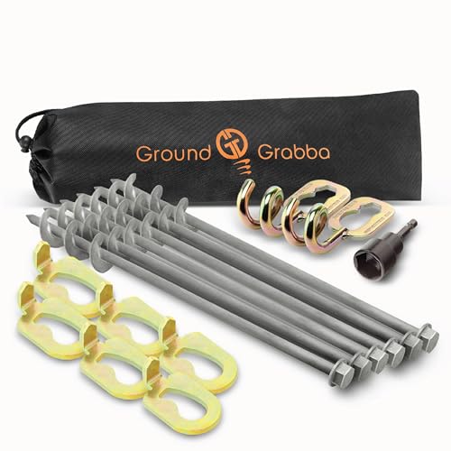 GroundGrabba Pro 1 Camping Kit | Stakes (6), Pigtail Hooks (2), Hex Driver (1), Fangs (6), Medium Drawstring Bag (1)