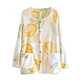 Women's Plush Soft Pajama Tops Graphic Loose Button Down Sleepwear Fuzzy Fleece Jacket Warm Winter Coat with Pockets