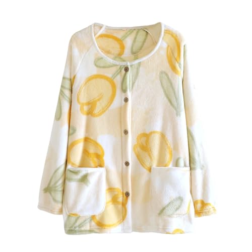 Women's Plush Soft Pajama Tops Graphic Loose Button Down Sleepwear Fuzzy Fleece Jacket Warm Winter Coat with Pockets