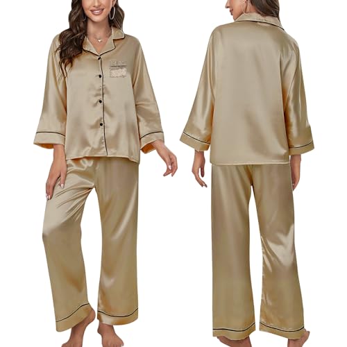 ACWOO Satin Damen Schlafanzug, Langarm Schlafanzüge Set, Satin-Pyjama-Set für Womens Schlafanzüge Button-Down Oberteil + Hose, Zweiteiliger...