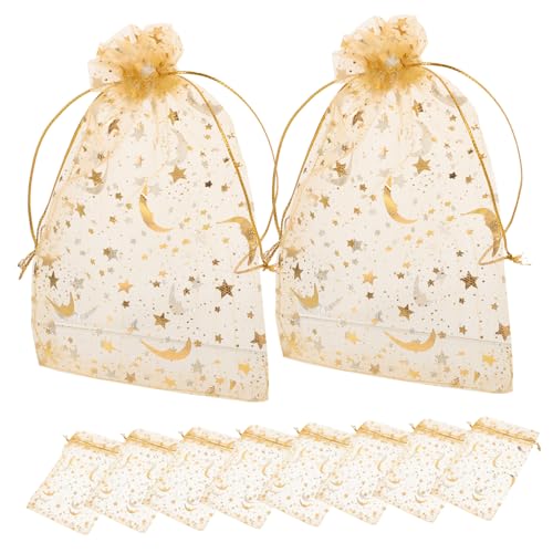 HOOTNEE 100個 星月柄引き紐メッシュ 袋 小型ジュエリーポーチ パーティーフェイバーバッグ 結婚式やクリスマス向けキャンディラッピング袋