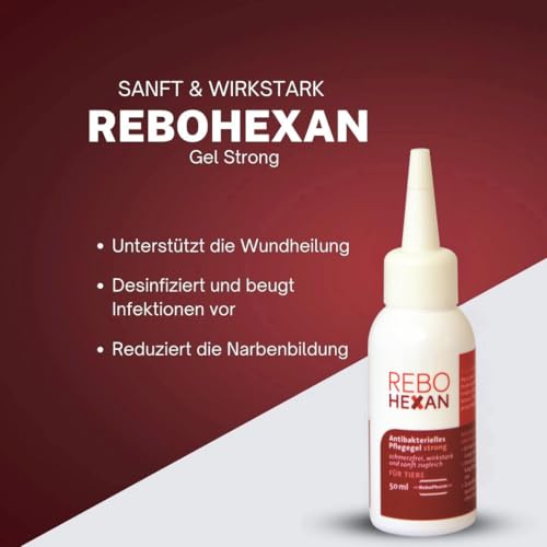 ReboHexan Gel Strong 50 ml: Hochviskoses Pflegegel für Tierwunden, unterstützt die Hautregeneration, Reduziert Narben, Verhindert Ankleben an Verbänden, Ideal für Hautpflege