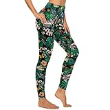 Cerburny Womens Leggings High Waisted Yoga Pants with Pockets for Women Workout Tummy Control Tropical Flowers Pants