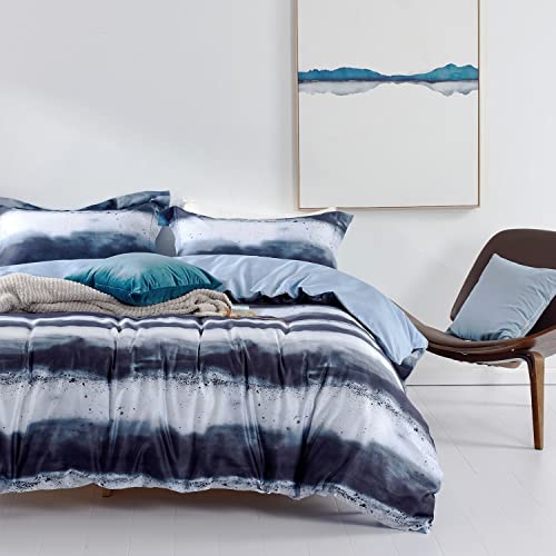 MILDLY 100% Long-Staple Cotton Duvet Cover Set Navy & White Striped Watercolor Pattern Printed Comforter Cover 3pcs, Ultra Soft & Breathable Bedding Set