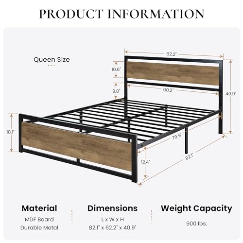 SHA CERLIN Queen Size Bed Frame with Modern Headboard, Heavy Duty Platform Metal Base with Square Footboard and 13 Strong Slats Support, No Box Spring Needed, Brown
