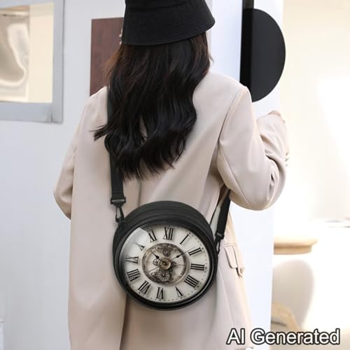 Image of Women Novelty Round Clock Shape Zippered Clock Purses for Women Tote Handbag Shoulder Bag, Gift for Mom Girlfriend