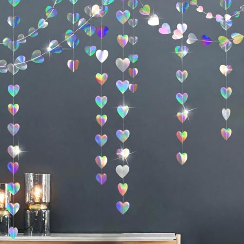 Image of Iridescent Party Decorations Holographic Heart Garlands Disco Theme Birthday Decoration Hanging Wedding Banner Graduation Decor Neon Streamers,Baby Bridal Shower Engagement Valentines Decor
