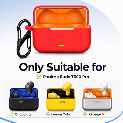 Image of Silicone Case for Realme Buds T500 Pro TWS Earbuds | Shockproof 360 Protective Cover | Heavy-Duty Carabiner Clip | LED Visible | Soft Anti-Slip & Lightweight Case (Red)