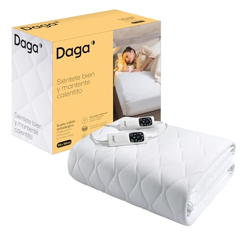 Cubrecolchón térmico matrimonial 195x165 cm Daga Intellisense, Esquinas elásticas, 6 Niveles y mandos Dobles, Tejido Oeko‑Tex antialérgico, Temporizador 1/3/9 h, Electro Block, Lavable a 30 °C