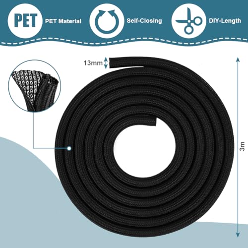 Adiwo 10ft, 1/2 inch Self-Reeling Braided Cable Sleeve, Cord Protector, Wire Loom Tubing with 5 Self-Adhesive Cable Ties - Image 2